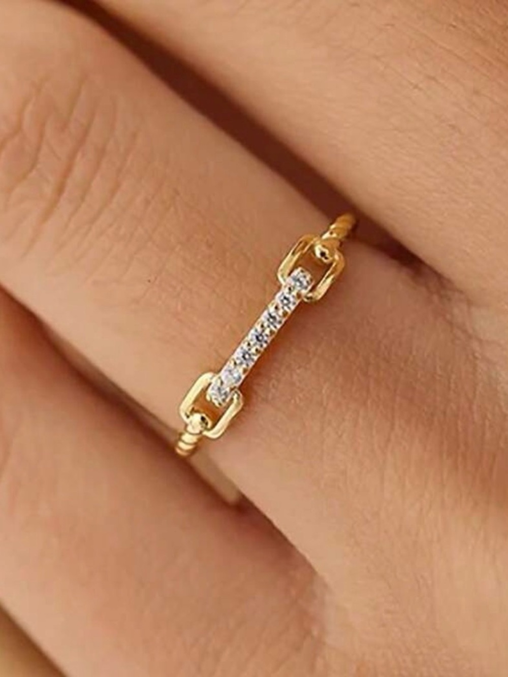 Fashion Gold Bar Link Ring with Cubic Zirconia - Women NWOT
